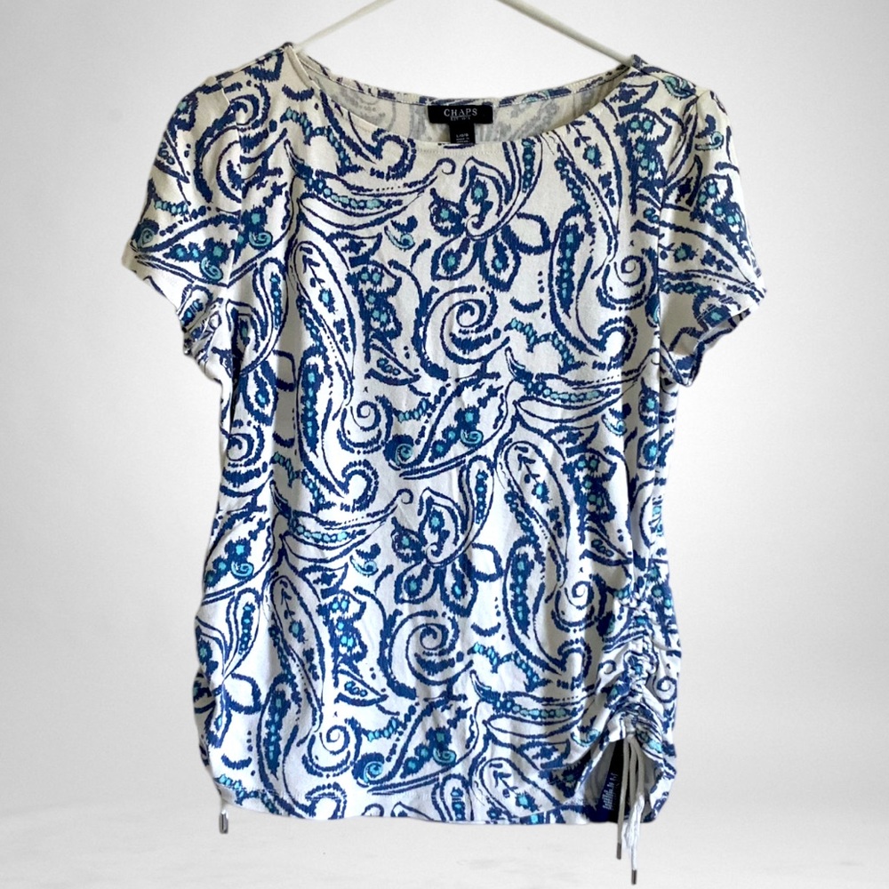 CHAPS RALPH LAUREN SHORT SLEEVE FLORAL TOP WITH SIDE DRAW STRINGS